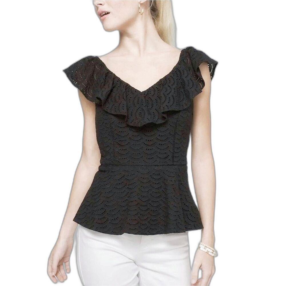 WHBM Blk Eyelet Lace Ruffle Neckline Victorian Vibe Lined Peplum Blouse, Sz. 4